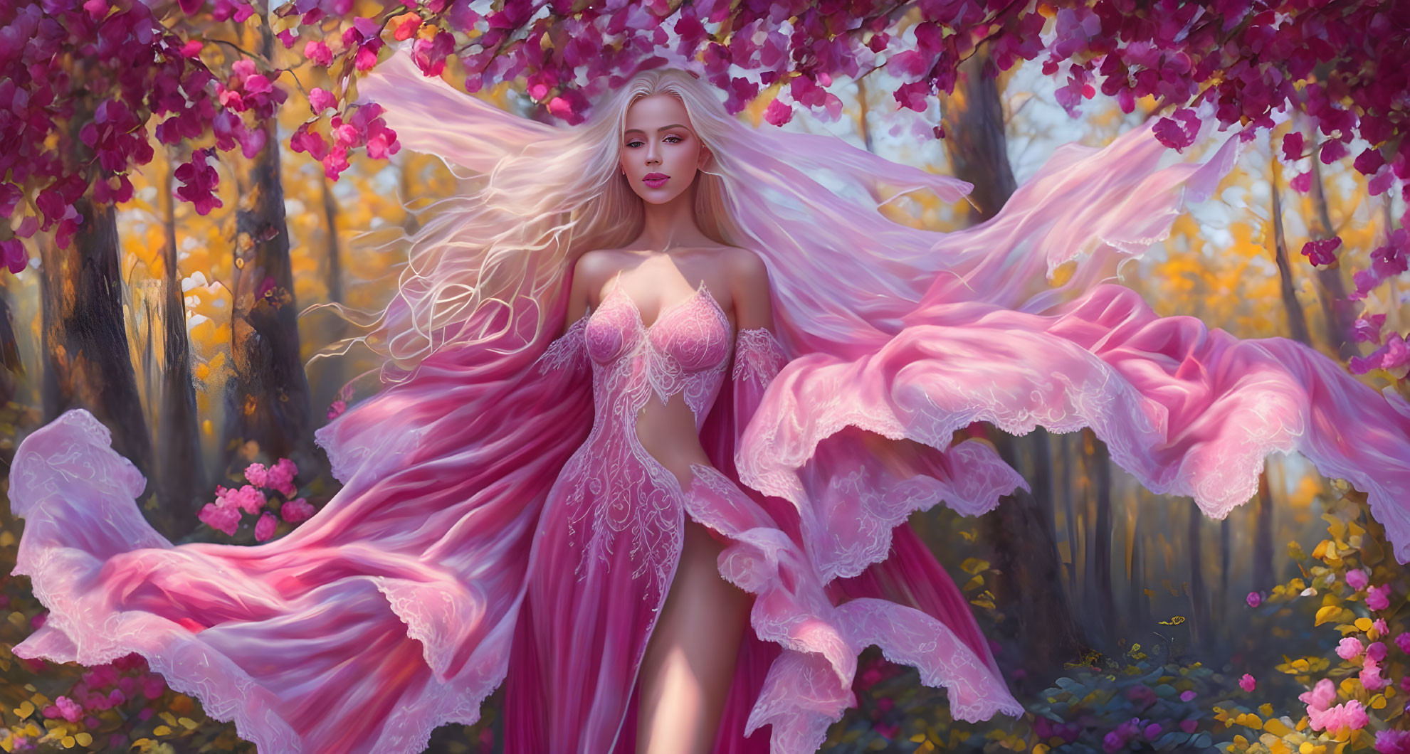 Woman in Pink Gown Surrounded by Autumn Forest Scene