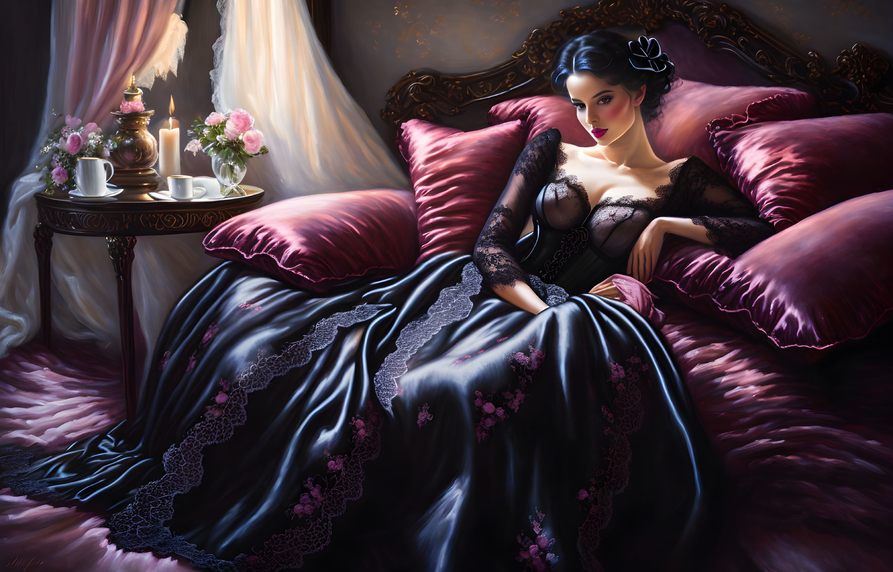 Luxurious Black Dress Woman Relaxing on Bed with Pink Flowers