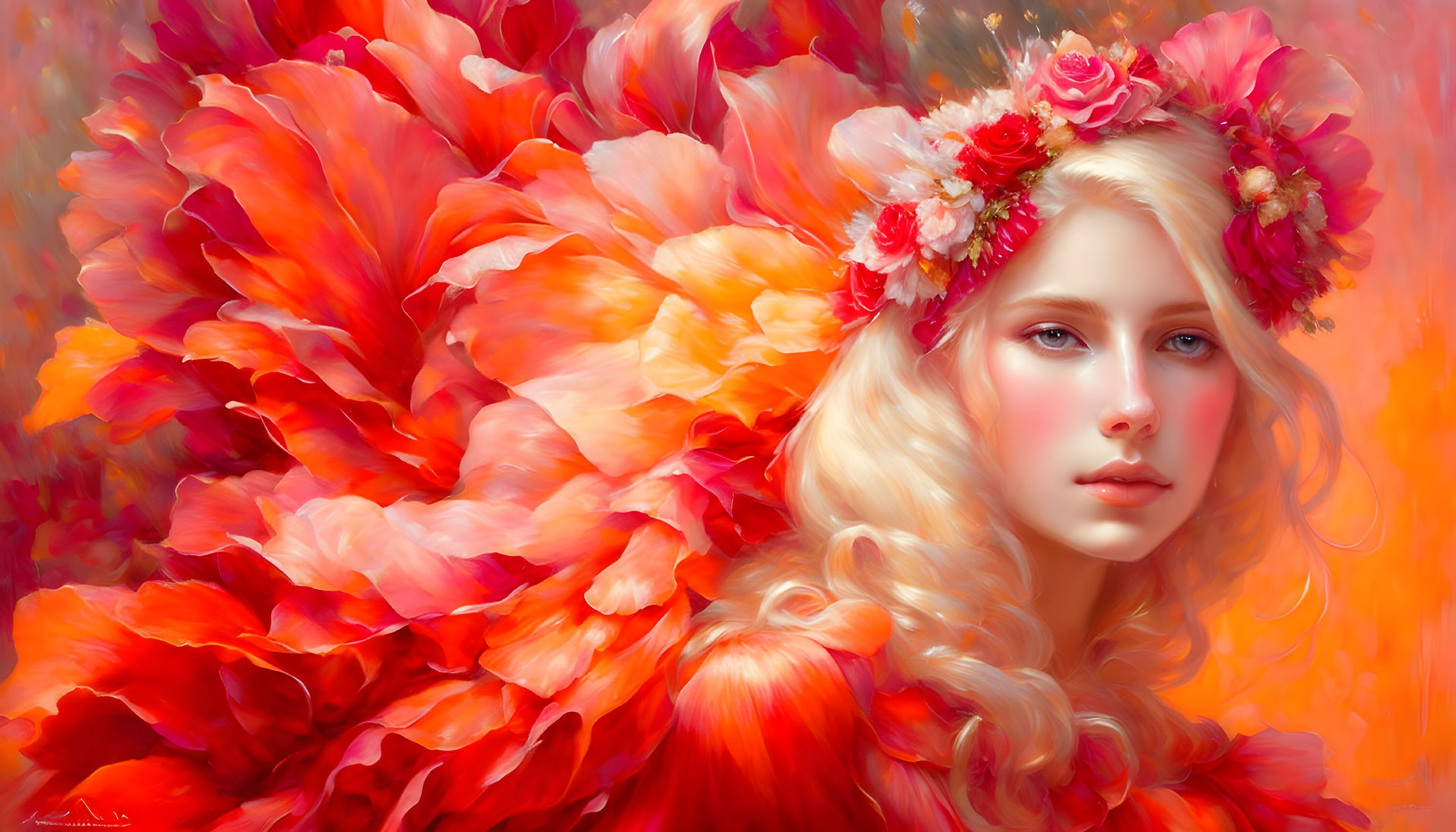 Blonde woman with floral headpiece among orange petals