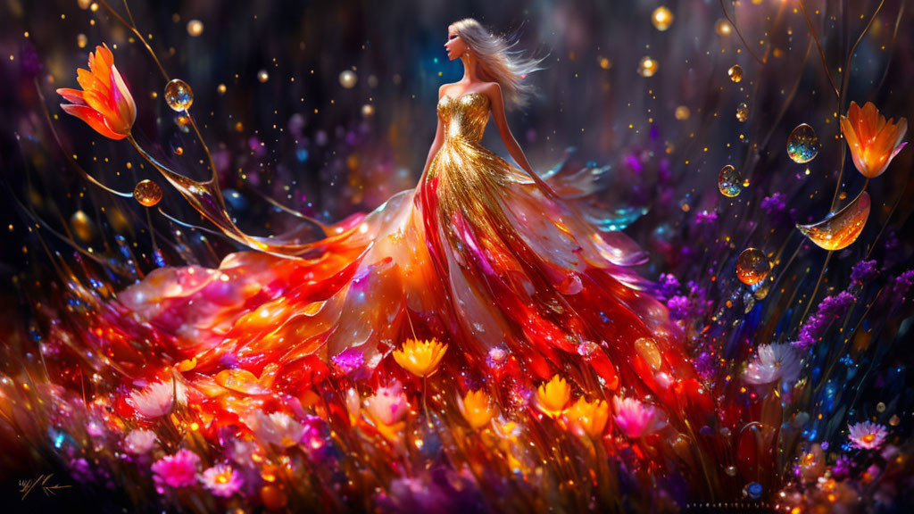 Woman in Vibrant Floral Dress Surrounded by Fantasy Meadow and Glowing Orbs