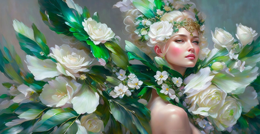 Fantastical portrait of woman with floral crown and white blooming flowers