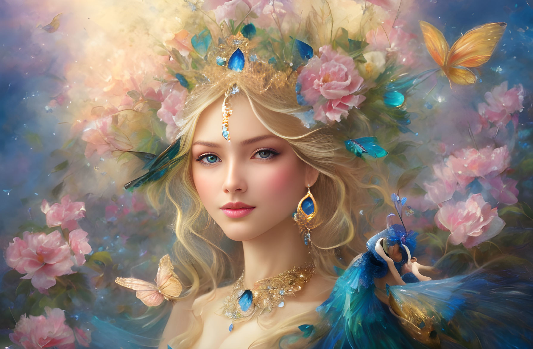 Fantasy portrait of woman with floral crown and peacock feather