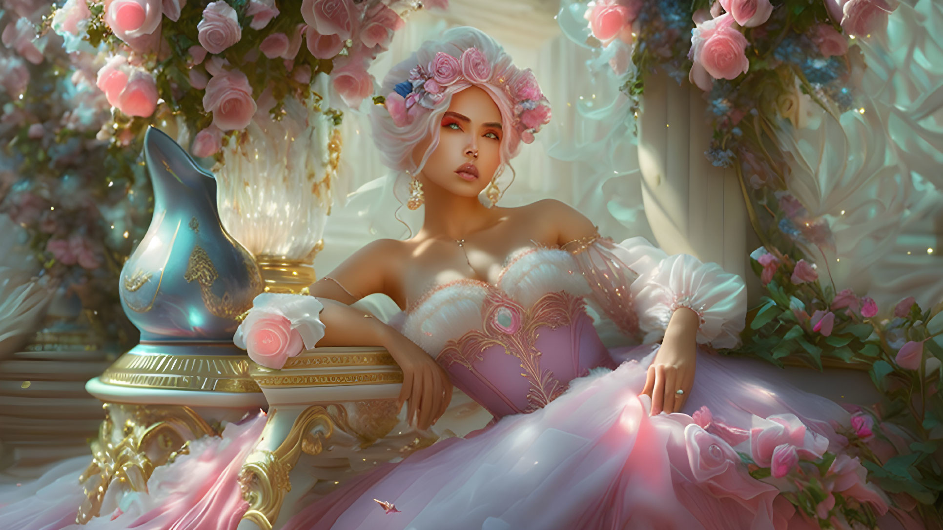 Fantastical woman with floral hair adornments beside golden vase in lush setting