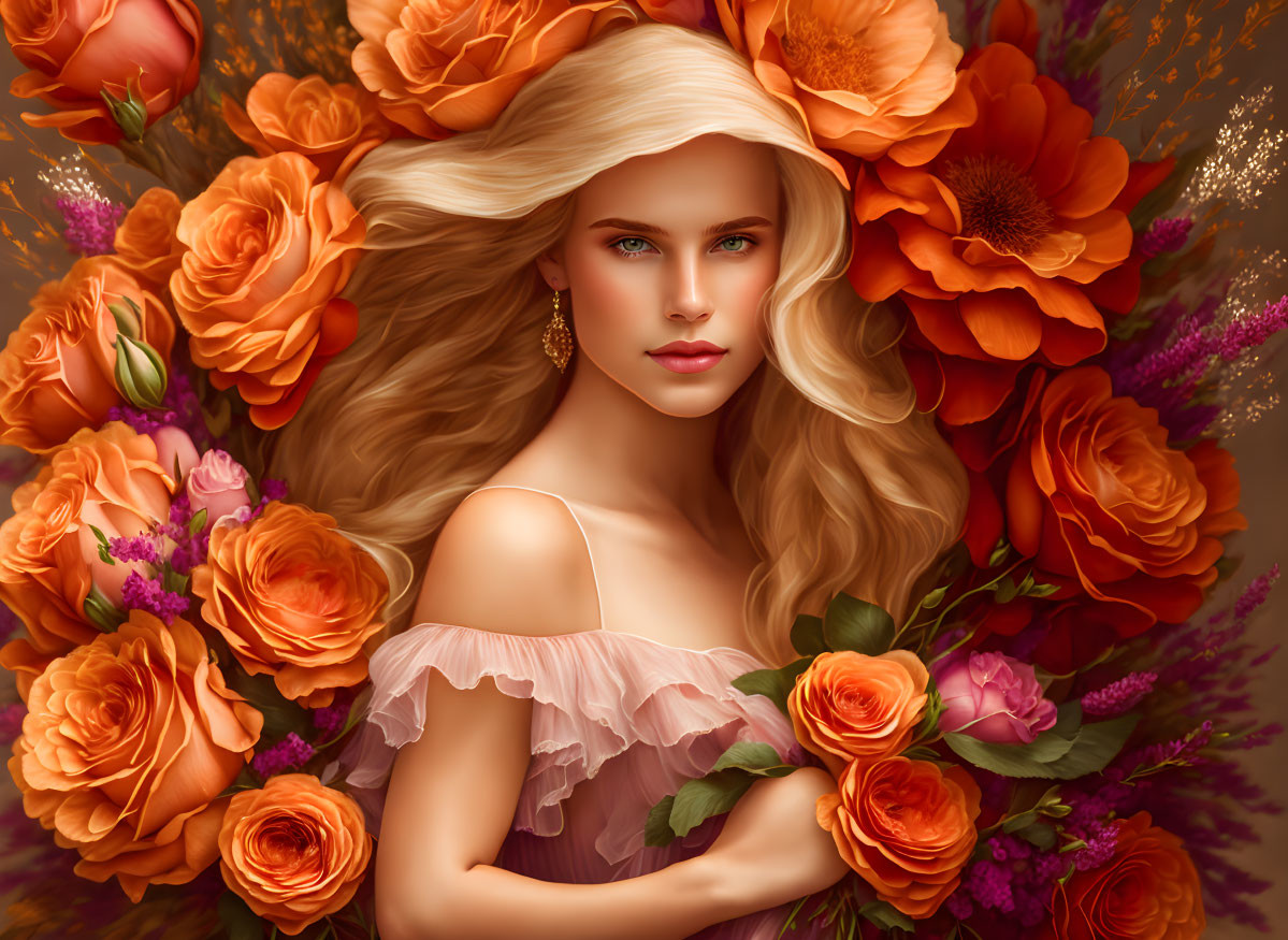 Blond Woman Surrounded by Orange Blossoms and Roses