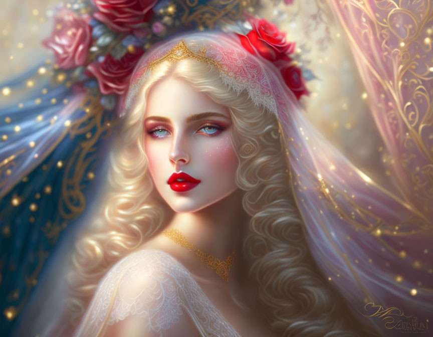 Ethereal woman portrait with blonde hair, golden crown, red flowers, golden backdrop