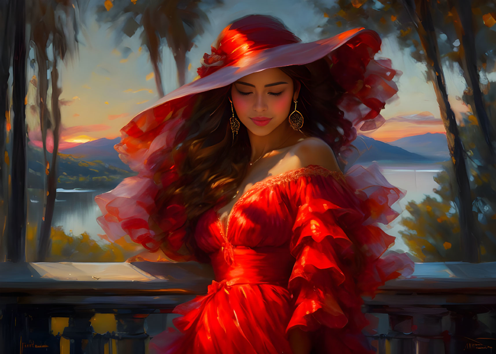 Woman in Red Dress and Hat by Lake at Sunset