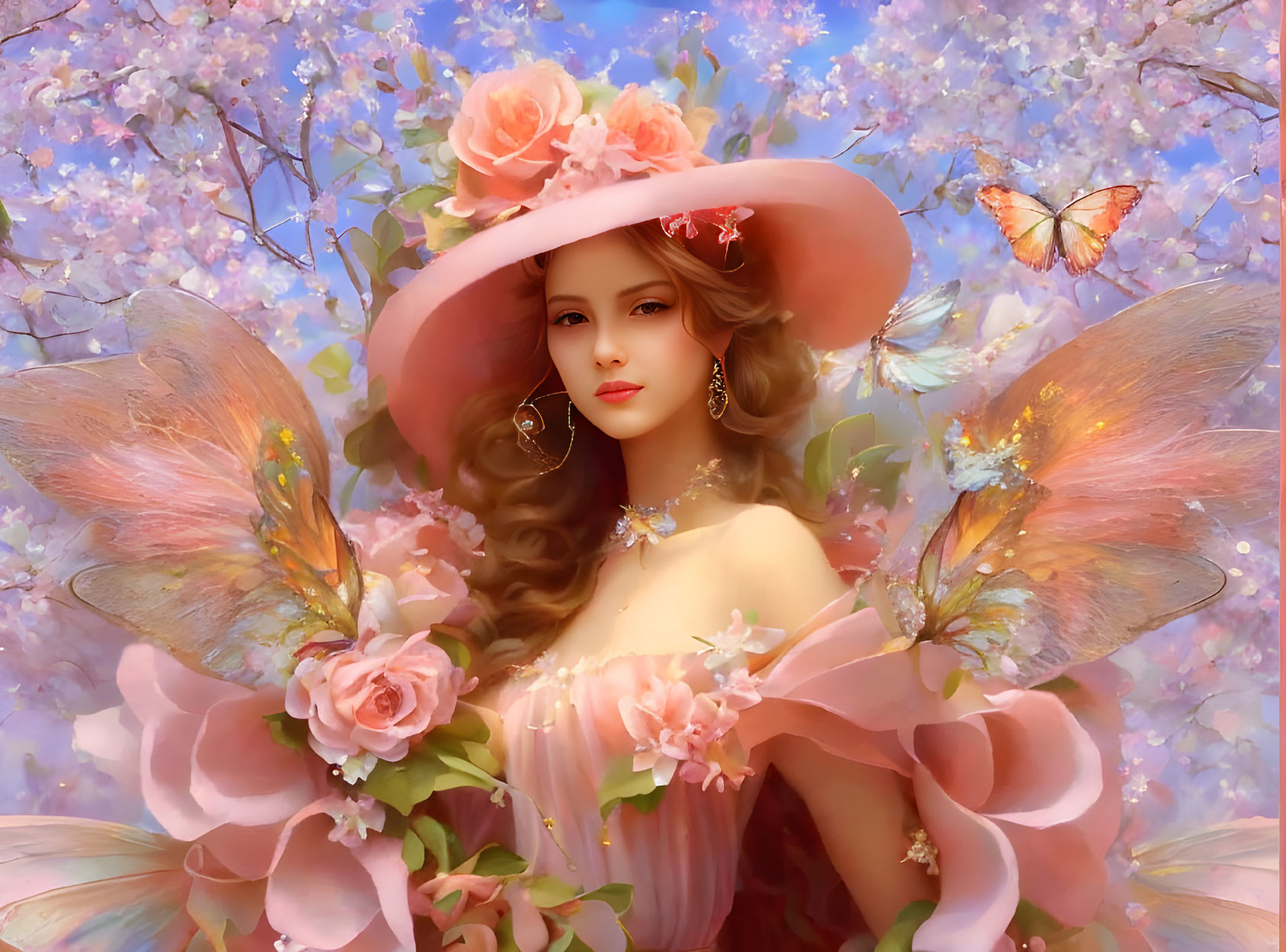 Digital artwork: Fairy woman with roses and butterfly wings in floral setting