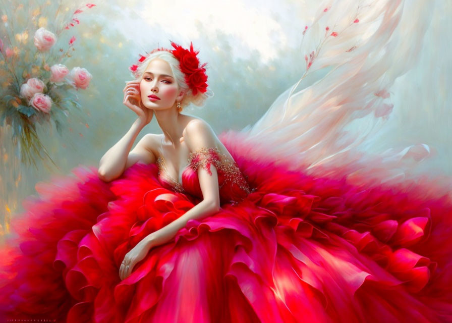 Woman in Red Adornments Poses in Voluminous Gown against Ethereal Background