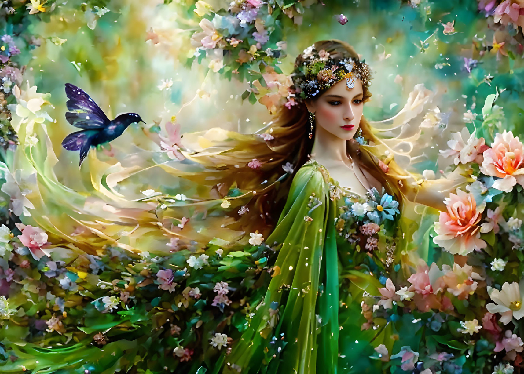 Ethereal woman in green gown with floral crown among swirling flowers