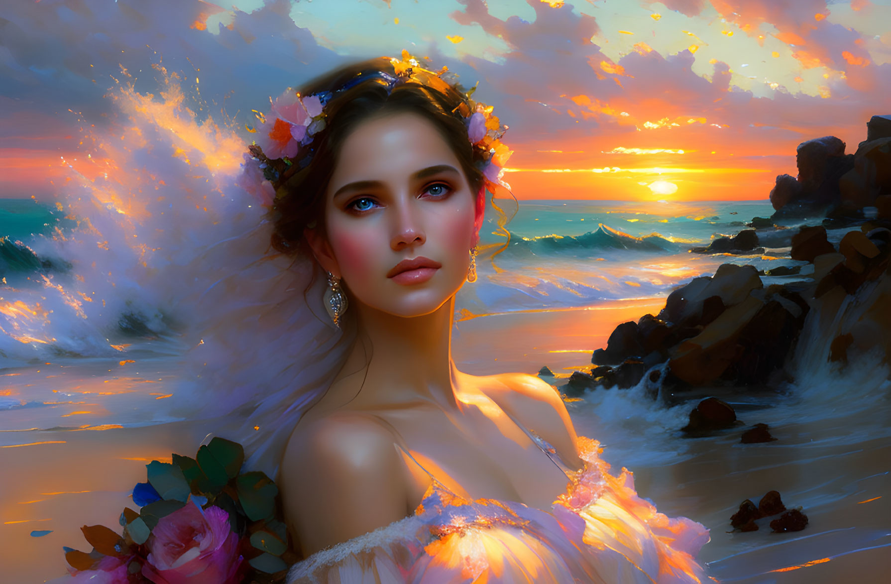 Woman with Floral Crown Gazing at Sunset by Rocky Seaside