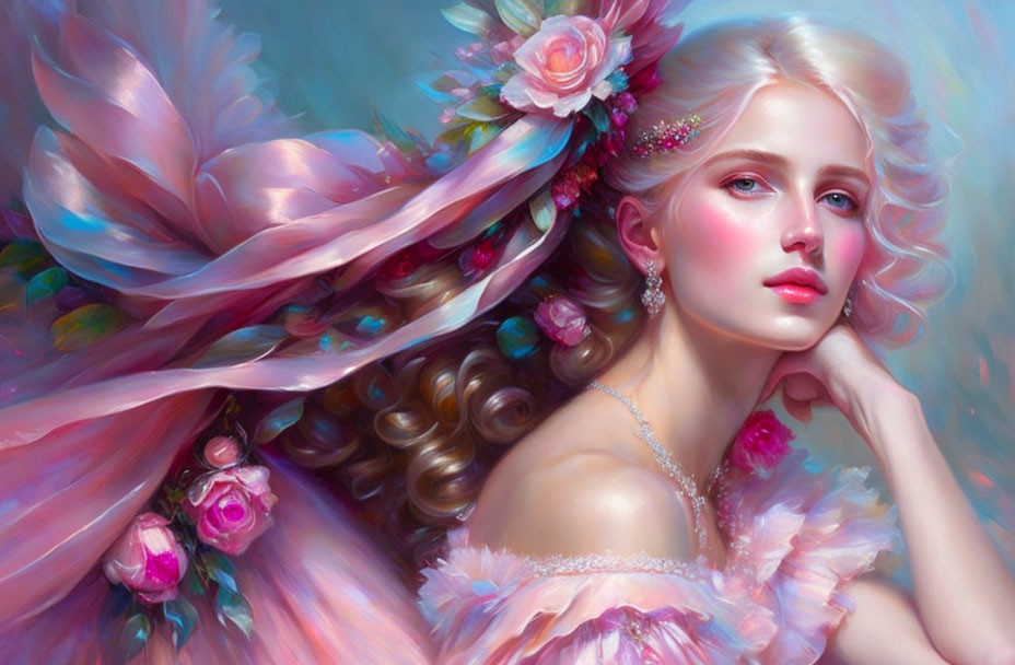 Fantasy portrait: Woman with pink wings, floral attire, pastel backdrop