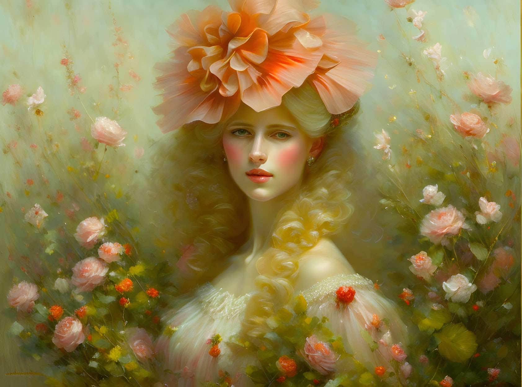 Woman with Large Orange Flower Hat Surrounded by Soft-Focus Flowers