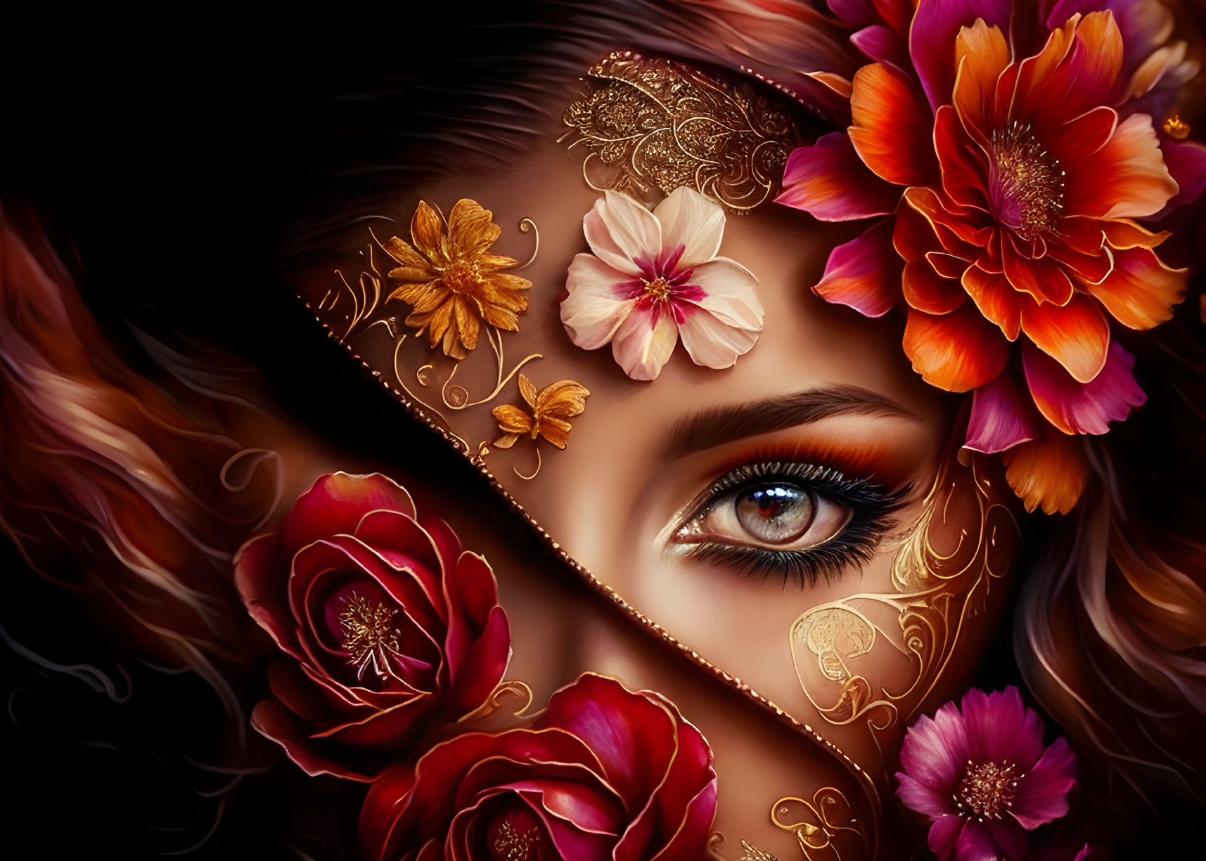 Detailed portrait of woman's face with gold floral patterns and vibrant flowers.