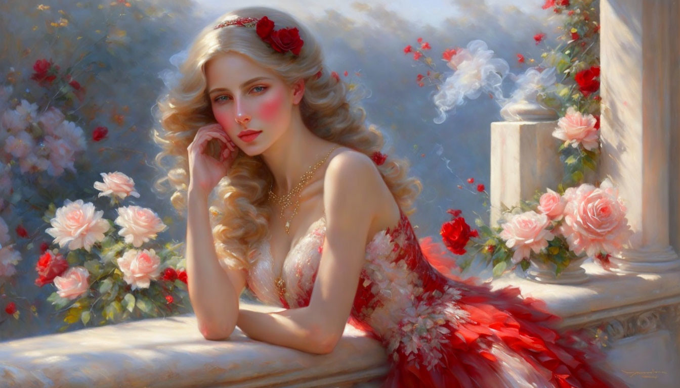 Blonde woman in red floral dress surrounded by roses