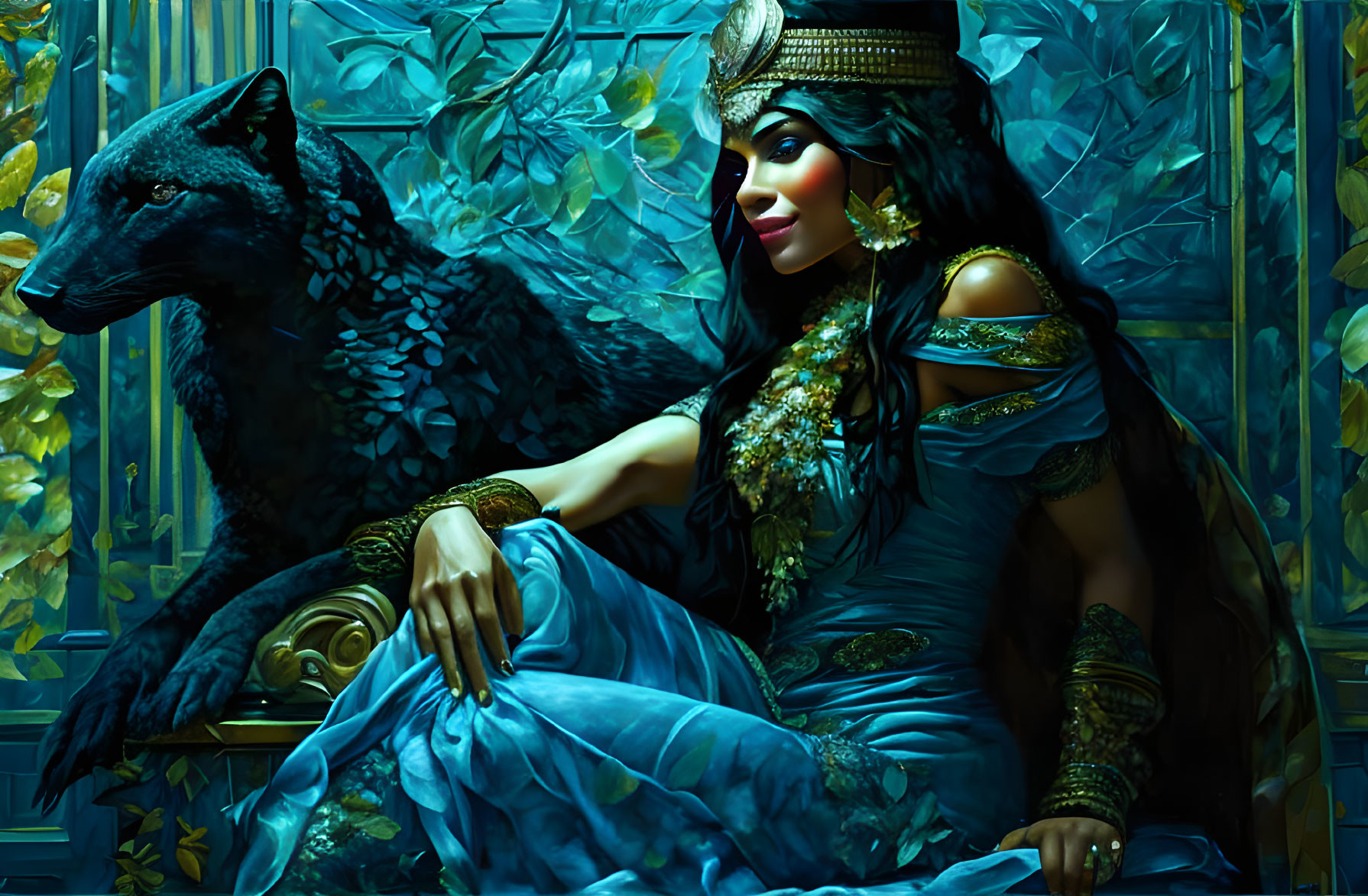 Woman in ornate blue attire with gold jewelry beside black wolf in lush foliage