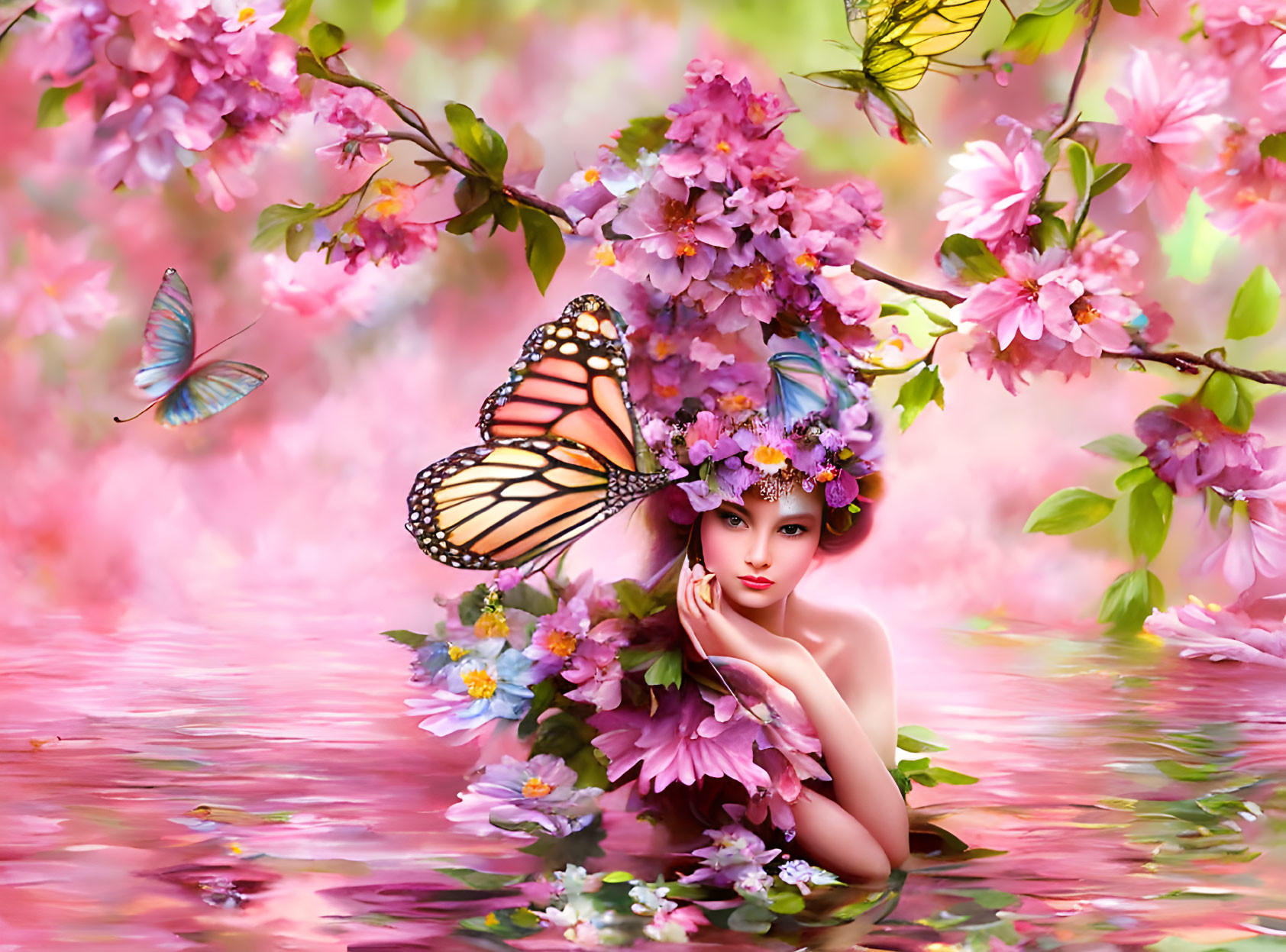 Colorful illustration of person with floral adornments in pink floral setting