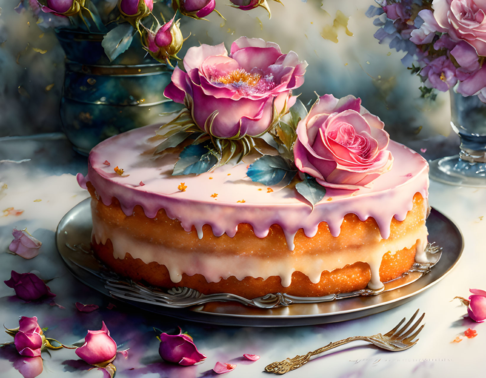 Elegant pink icing cake with roses on silver platter