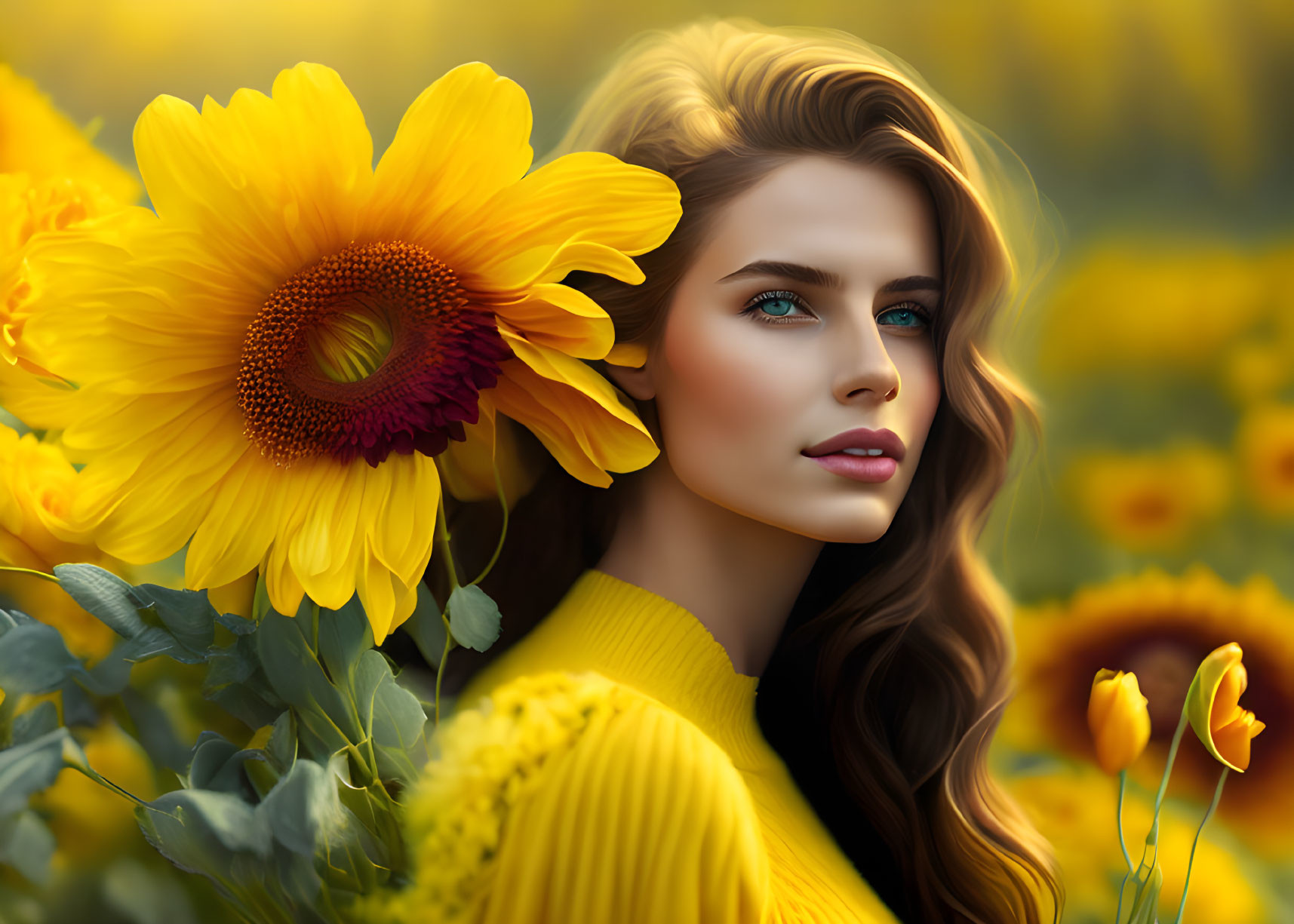 Woman with Blonde Hair in Sunflower Field, Yellow Sweater, Blue Eyes