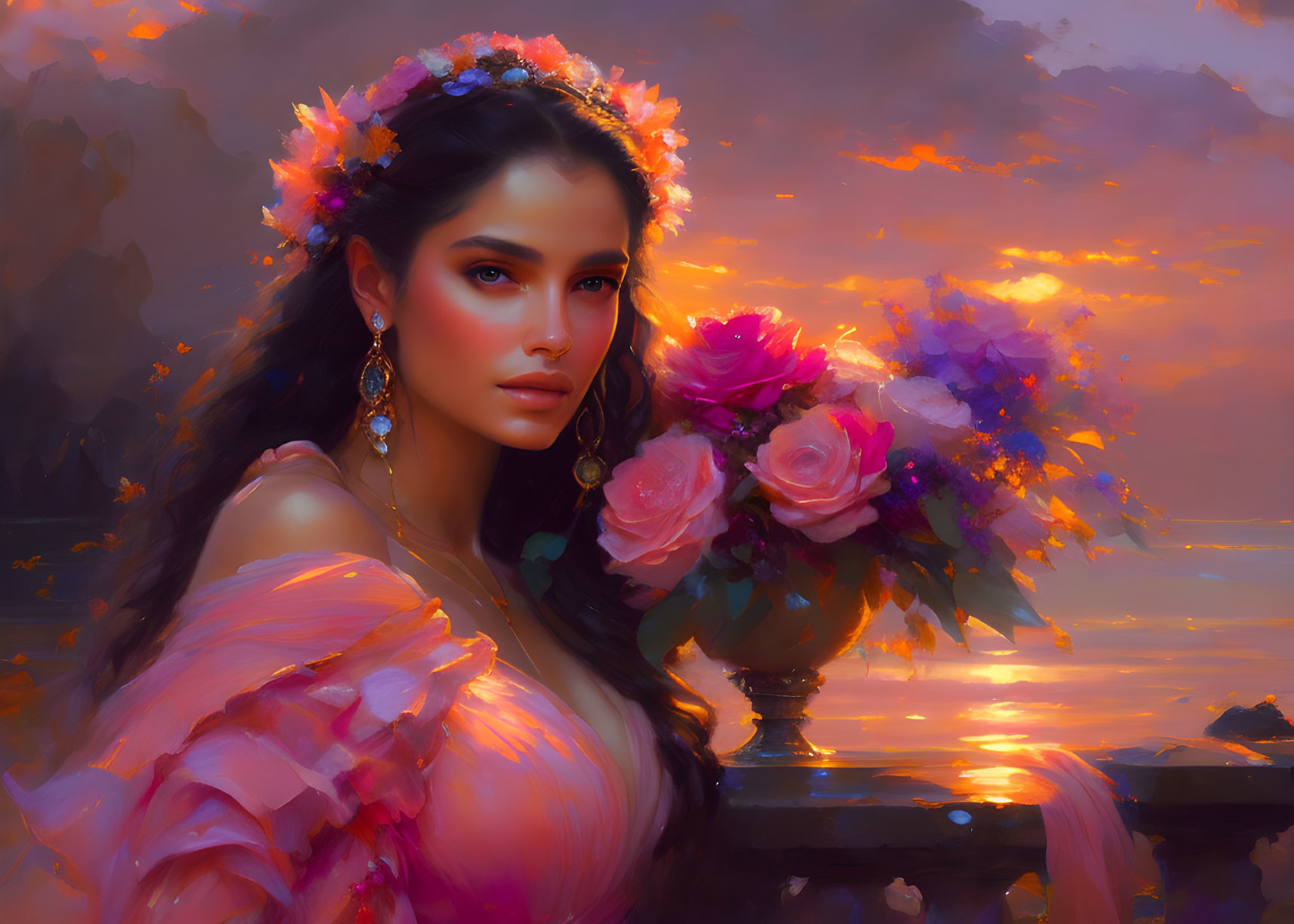 Woman wearing floral crown gazes at sunset with roses vase