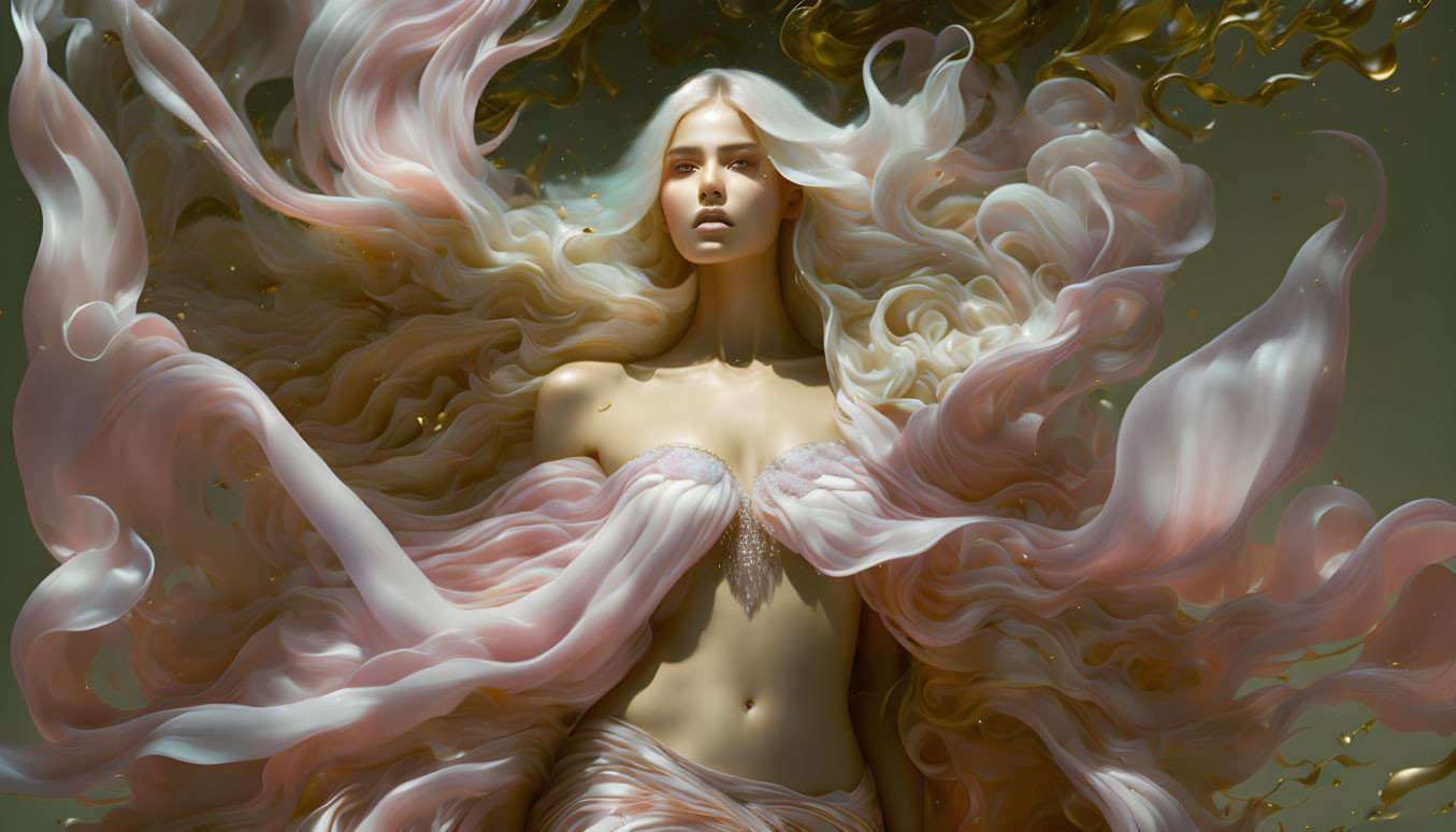 Surreal portrait of a woman with flowing hair and abstract golden swirls