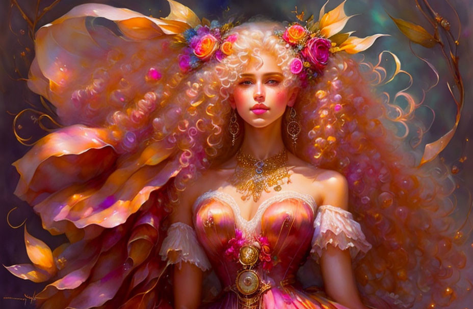 Fantasy illustration: Woman with voluminous curly blonde hair, adorned with vibrant flowers, wearing golden necklace