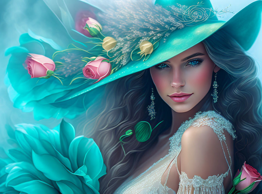 Digital artwork: Woman with blue eyes, wavy hair, teal hat, roses, leaves, white