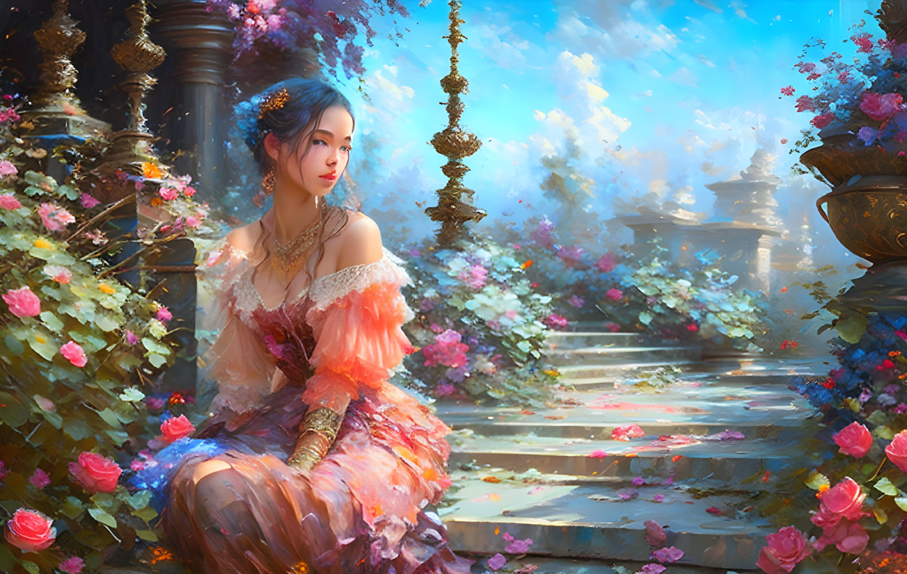 Woman in pastel dress surrounded by roses in blooming garden.