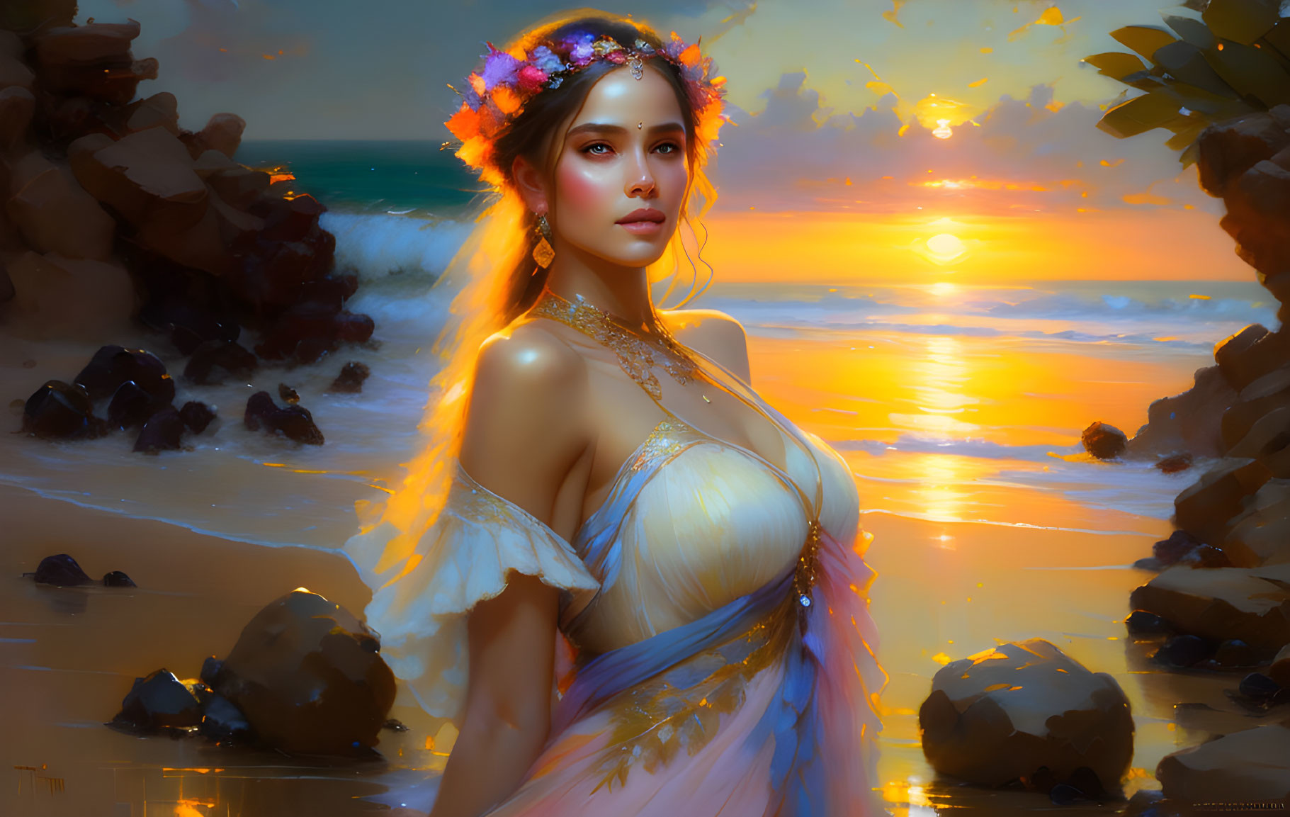 Woman in floral crown on beach at sunset with golden light reflecting.