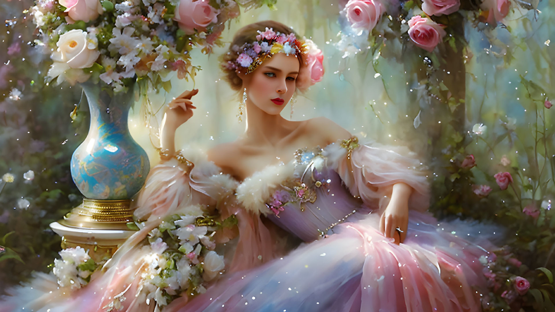 Elegant woman in floral crown and pastel ball gown amid roses and vase