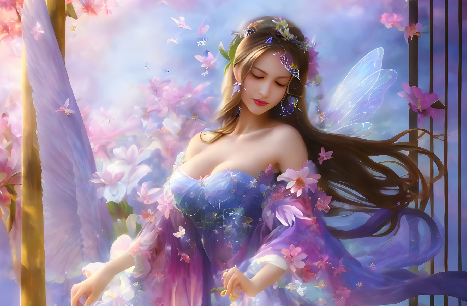 Digital illustration of fairy with wings in purple dress among pink blossoms