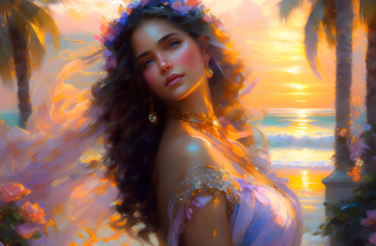 Woman with flowing hair and floral crown on golden-lit beach