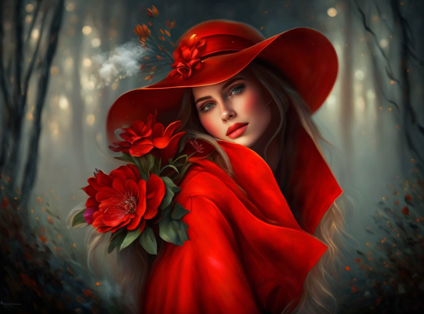 Woman in Red Hat and Cloak Holding Flowers in Misty Woodland