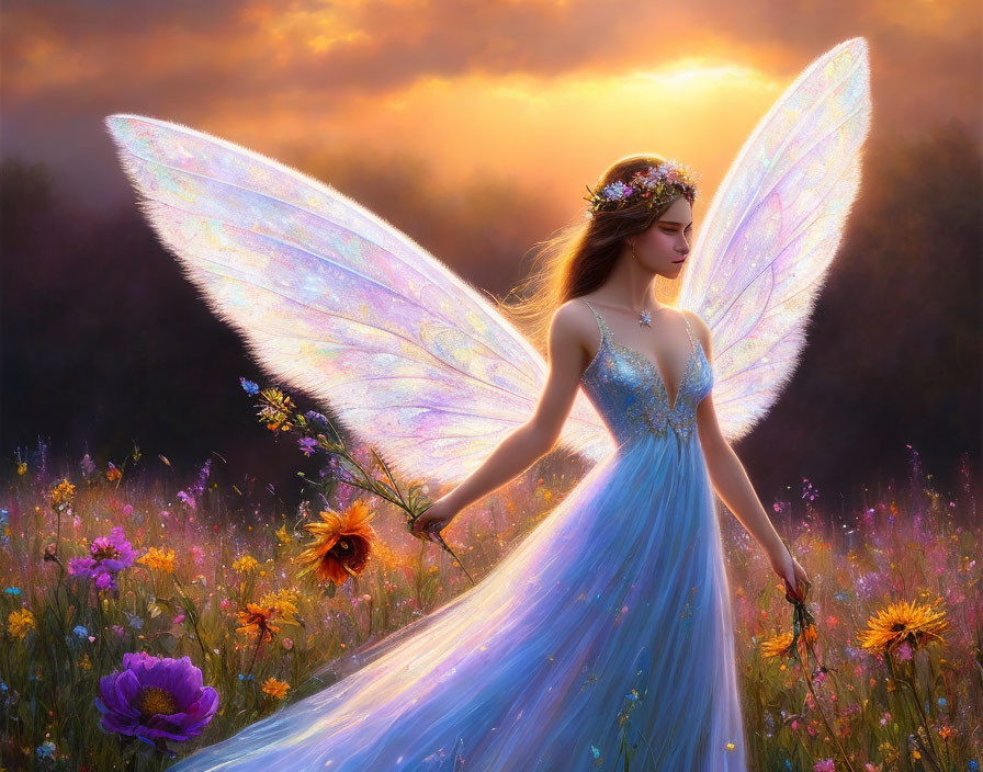 Iridescent winged female figure with floral crown in sunset field