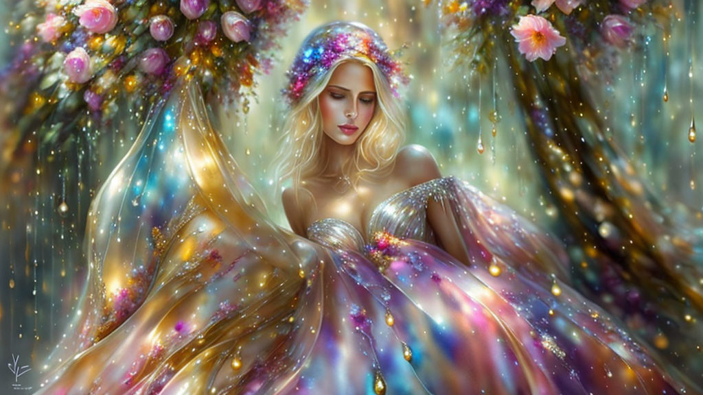 Golden-haired woman in galaxy-themed gown surrounded by lights and flowers in enchanting setting