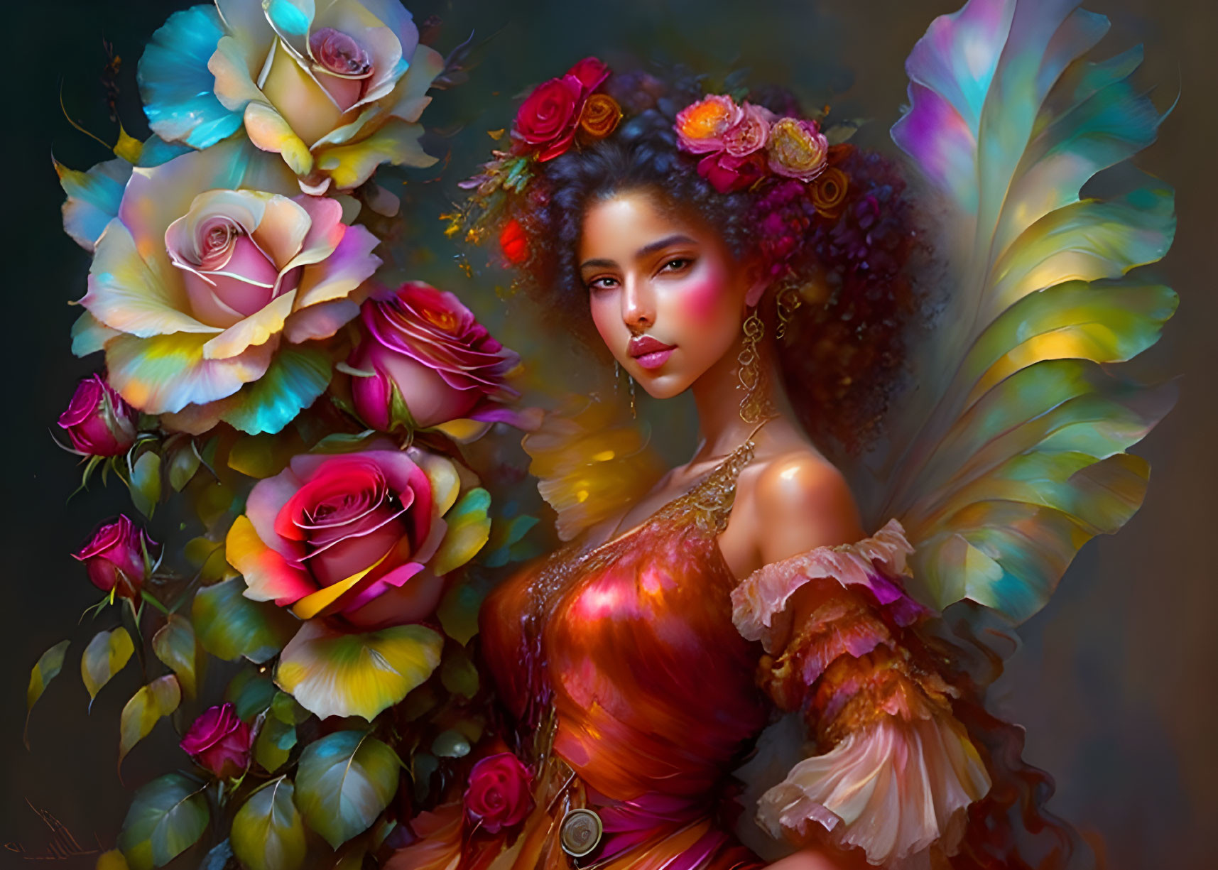 Colorful Floral Headpiece Woman in Ornate Red Dress Surrounded by Roses