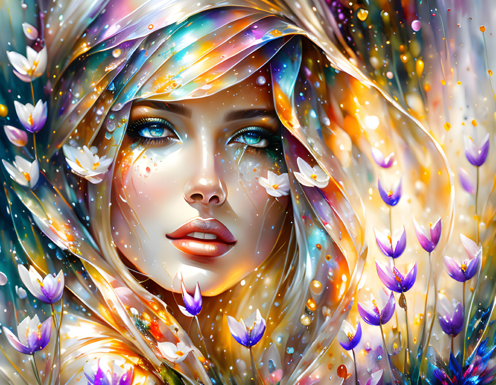 Colorful digital artwork: Woman's face with swirling colors and flowers