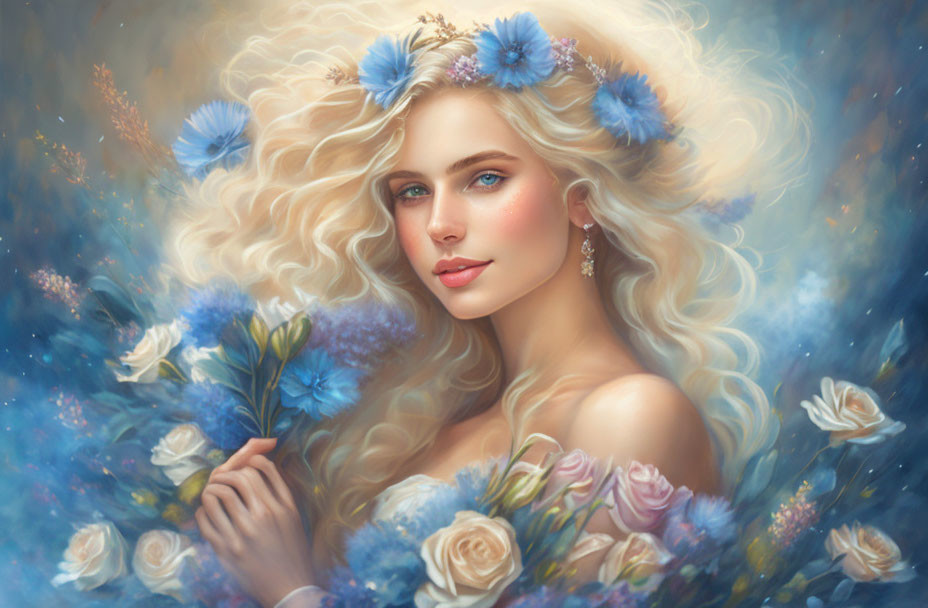 Portrait of woman with wavy blonde hair and blue flowers, holding bloom in floral setting