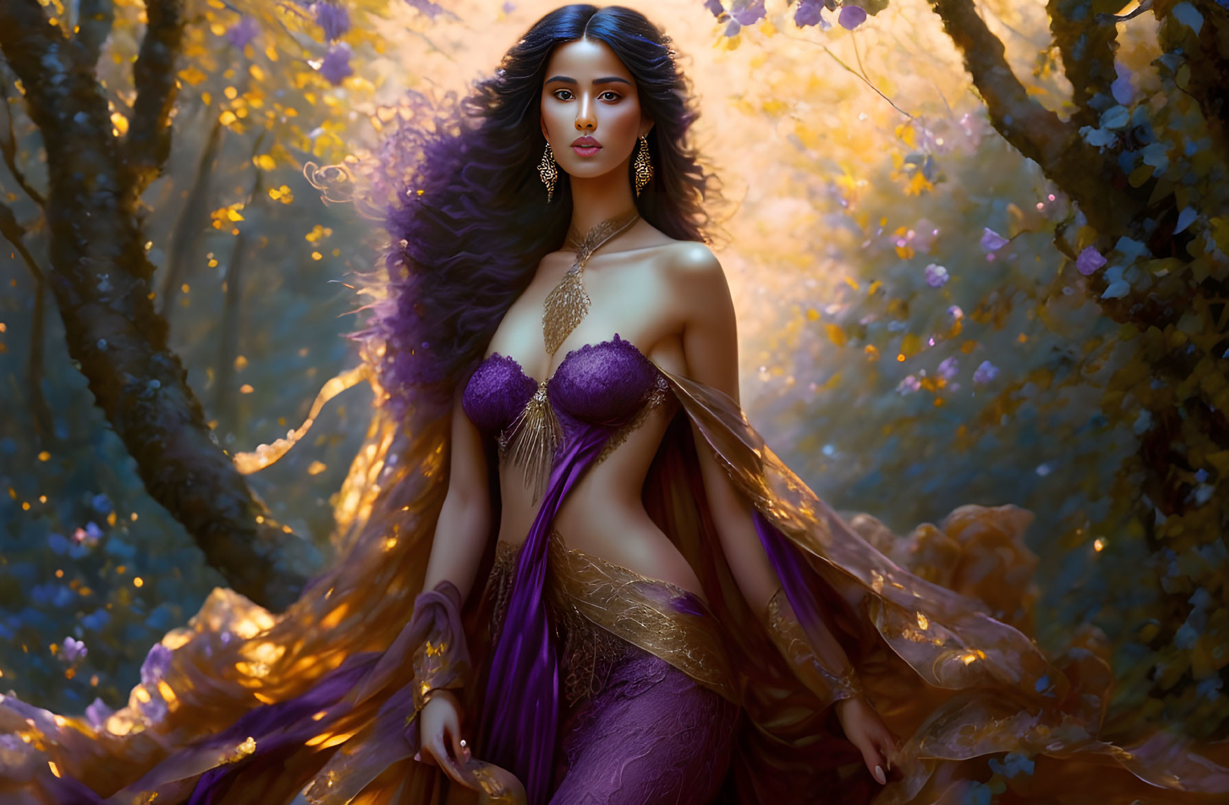 Woman in flowing purple attire in golden-lit forest with blossoming trees