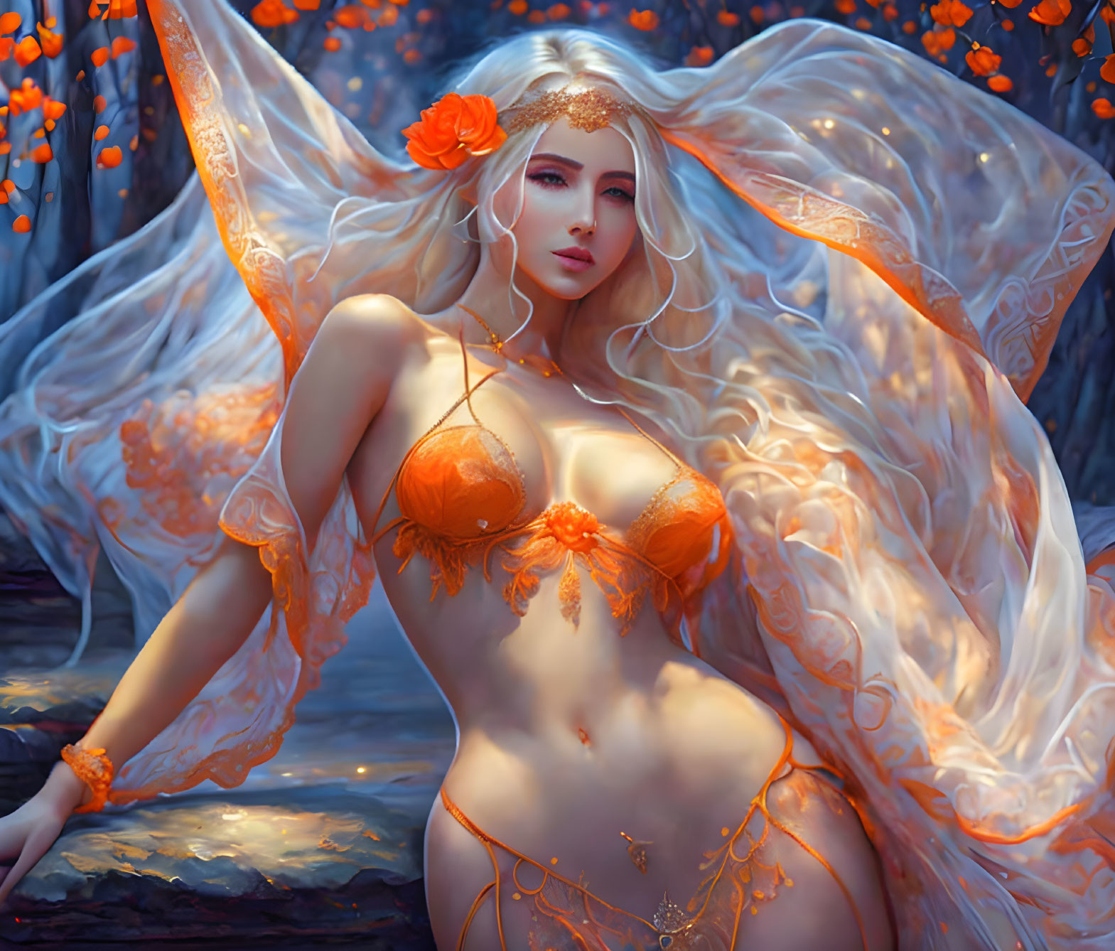 Fantasy digital artwork of a woman with white hair in orange attire in mystical forest