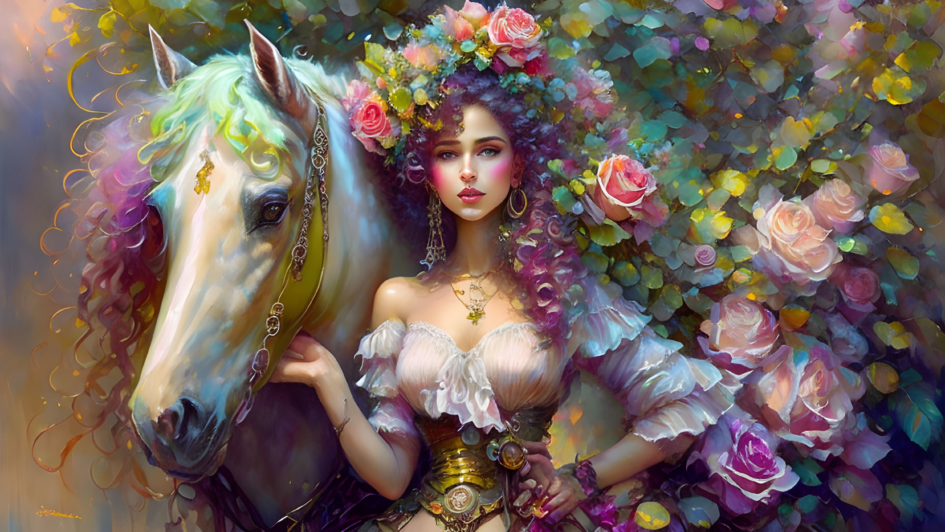 Woman in fantasy costume with flowers and white horse in vibrant floral backdrop