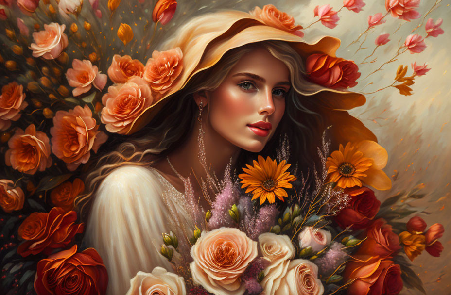 Woman with flowing hair in wide-brimmed hat among orange flowers holding bouquet