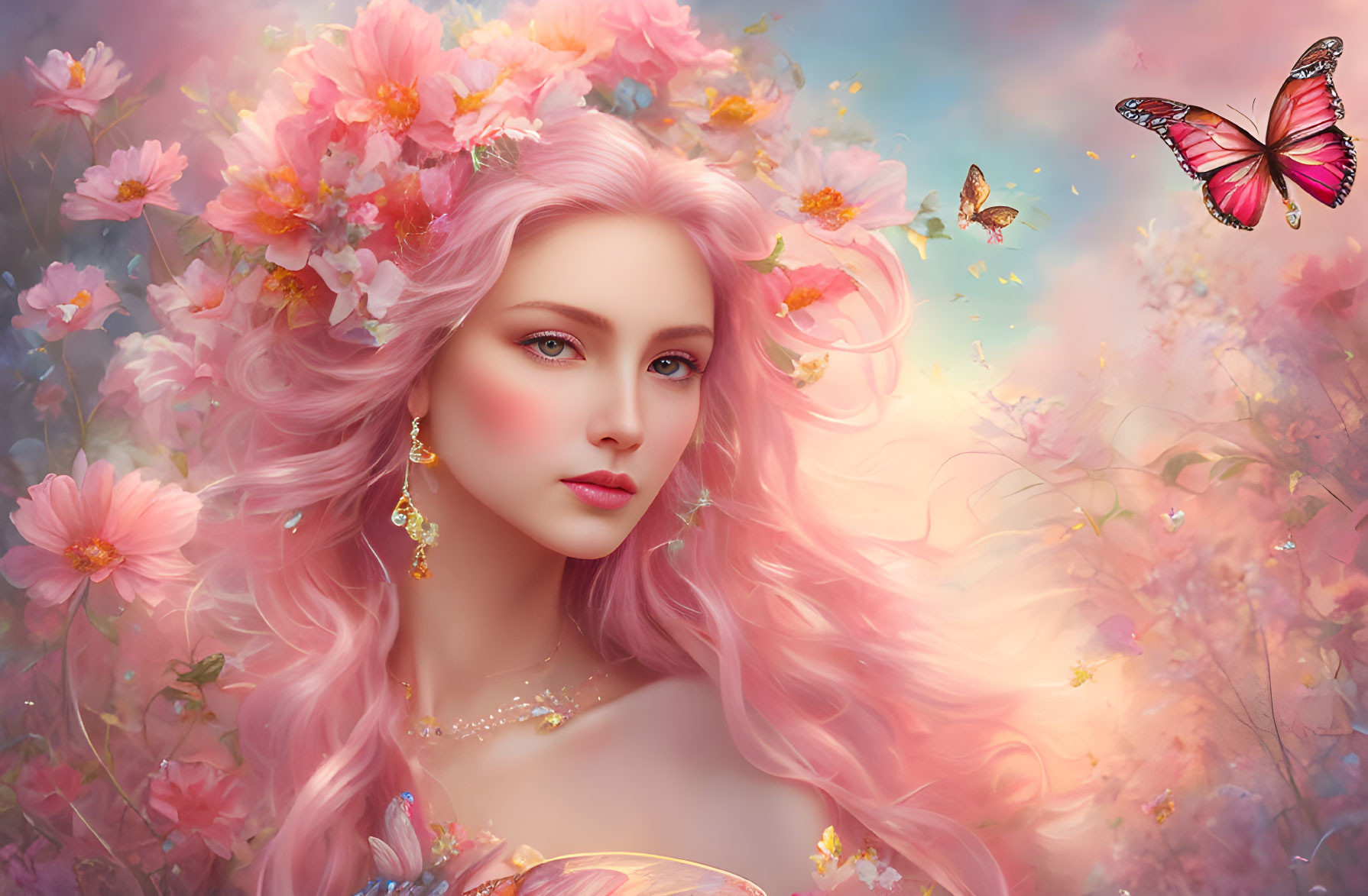 Fantasy portrait: Woman with pink hair, flowers, butterflies