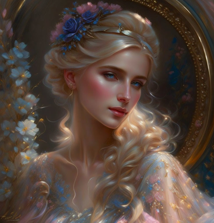 Blonde woman portrait with blue flowers and golden diadem