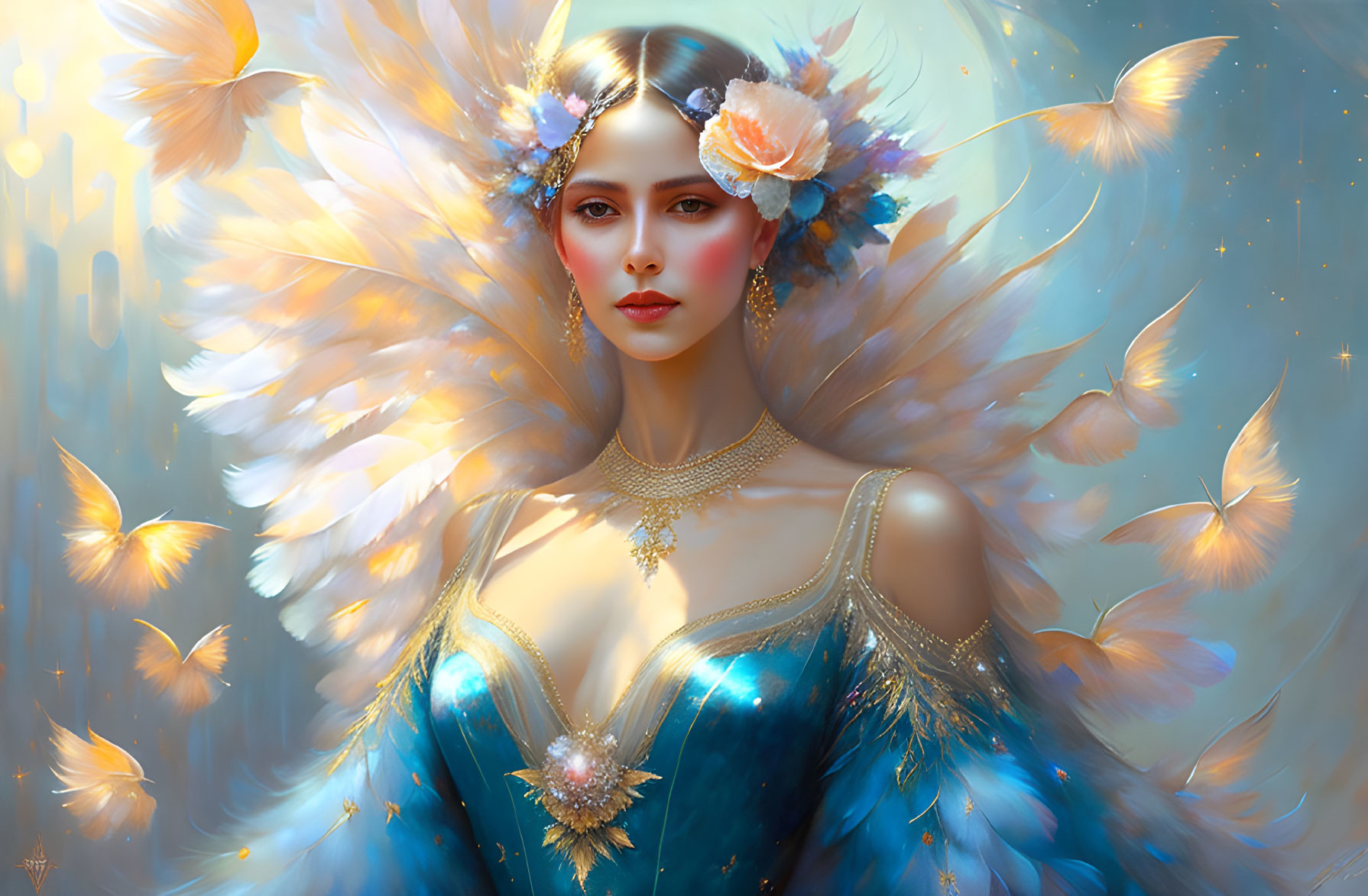 Surreal portrait: Woman with feathered accessories and glowing butterflies