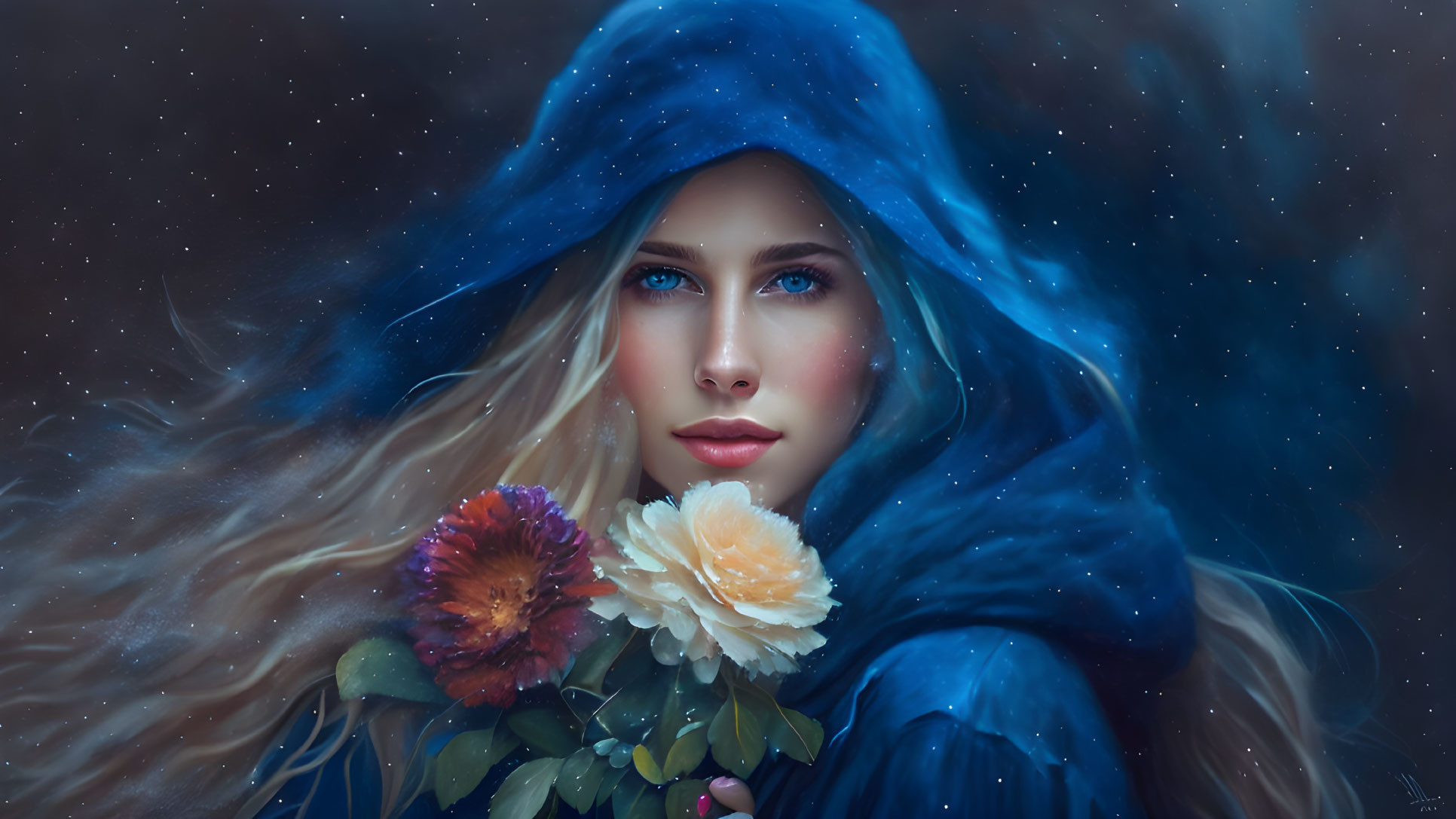 Blonde woman in blue cloak with flowers under starry sky