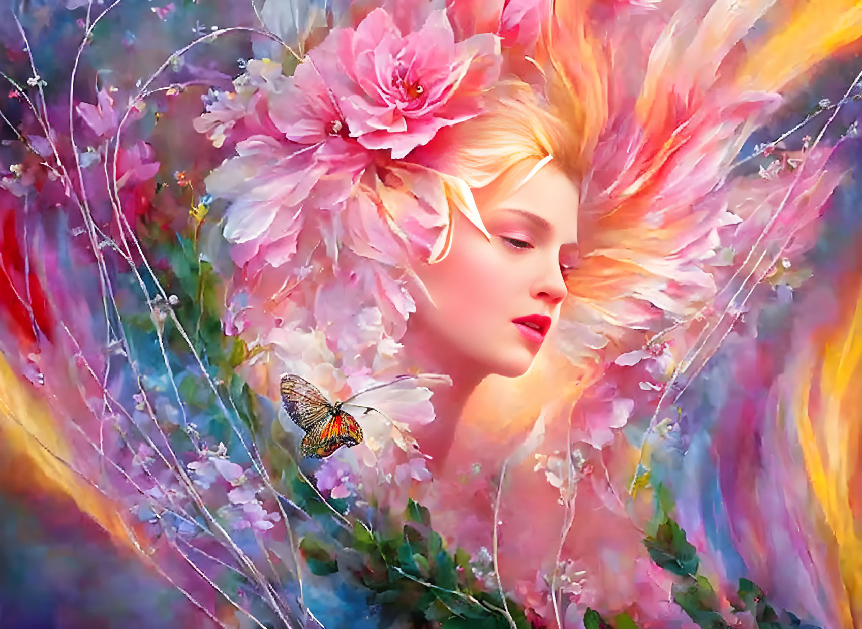 Colorful artwork featuring woman's face, flowers, and butterfly in dreamy setting