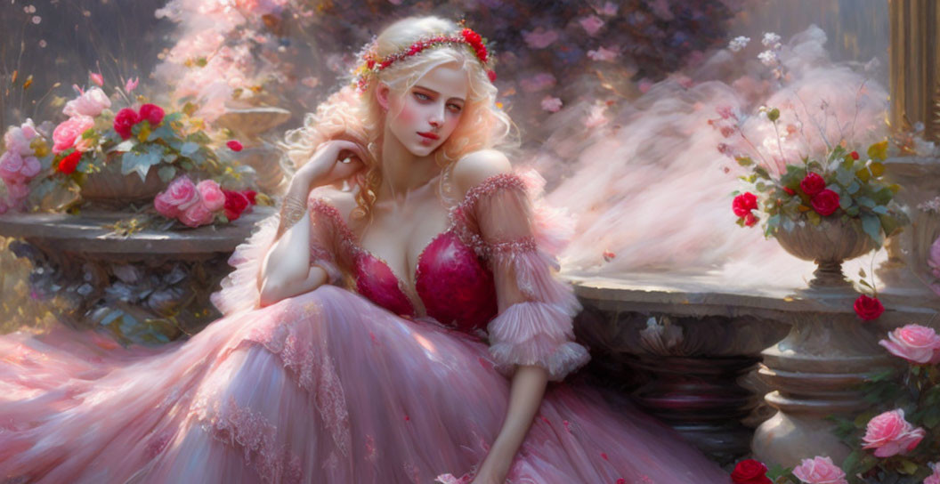 Fantasy artwork: Woman in pink gown surrounded by blooming flowers