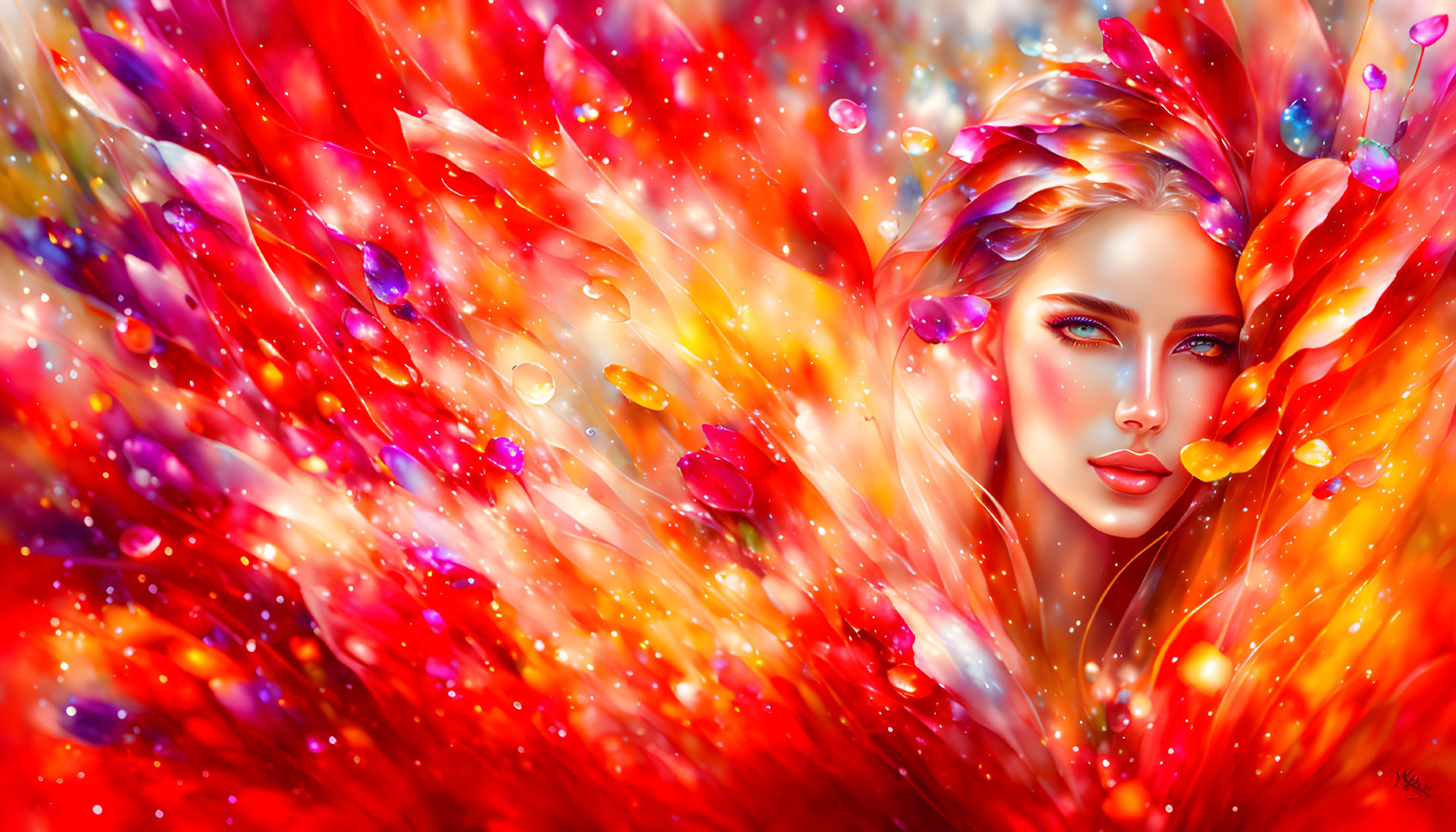 Colorful digital artwork: Woman with blue eyes in fiery burst.