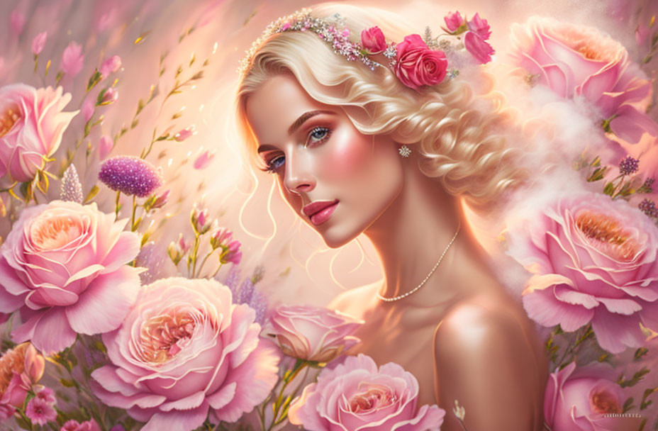 Blonde Curled Woman with Flower Adornments in Pink Rose Surrounding