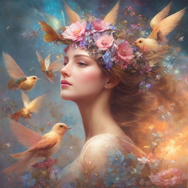 Woman with floral headpiece surrounded by flying birds in dreamy setting.